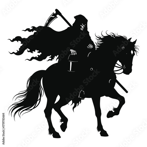 Vector art of grim reaper on a black horse