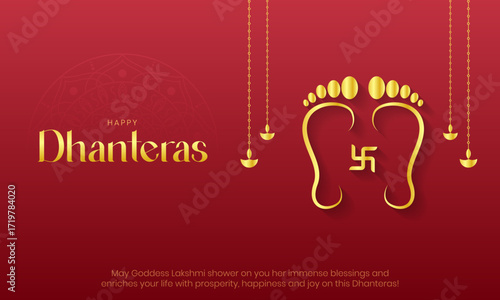 Happy Dhanteras Banner and Greeting Card Wishes. Indian Festival of Lights and Akshaya Tritiya Background with Lakshami Feet and Text Vector Illustration