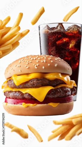 Double cheeseburger meal with french fries and soda