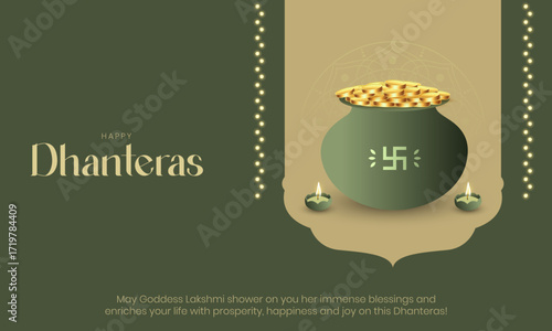 Happy Dhanteras Banner and Greeting Card Wishes. Indian Festival of Lights and Akshaya Tritiya Background with Text Vector Illustration