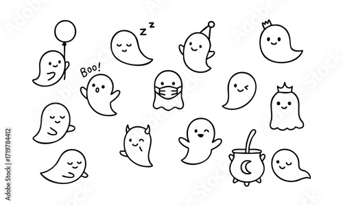 Cute Ghost Line Icon Set Minimal Kawaii Monoline Vector illustration, easily editable and scalable.