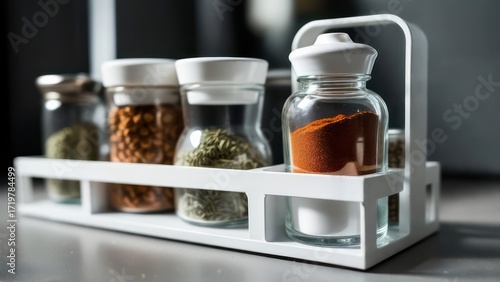Fototapeta Naklejka Na Ścianę i Meble -  White spice rack with glass jars filled with various spices