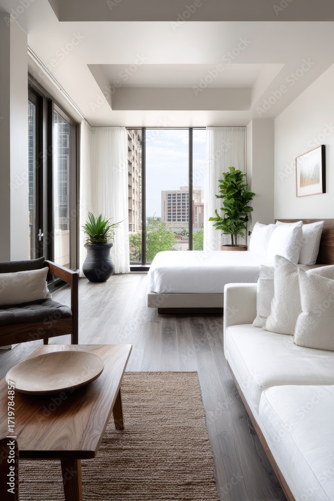 Fototapeta premium Spacious Hotel Suite with Minimalist Decor and Floor-to-Ceiling Windows