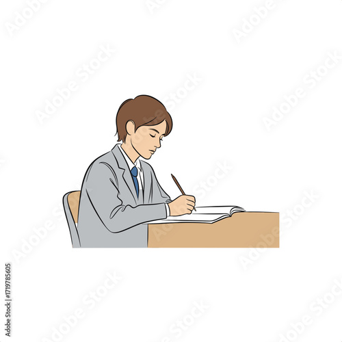 School student in a uniform writing in a notebook