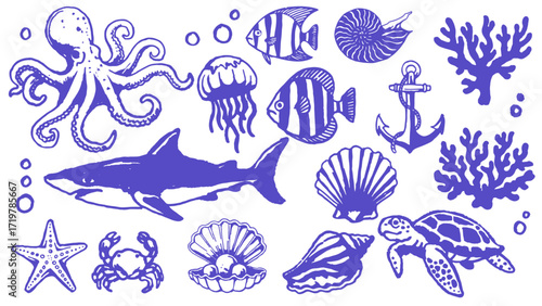 Collection of ocean life vector illustrations.