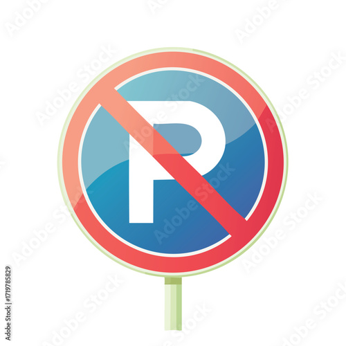 A circular traffic sign indicates that parking is prohibited in the designated area, with a red diagonal line.