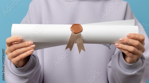 Rolled certificate with wax seal and ribbon held by person wearing hoodie on blue background symbolizing achievement success with neat hands and honor