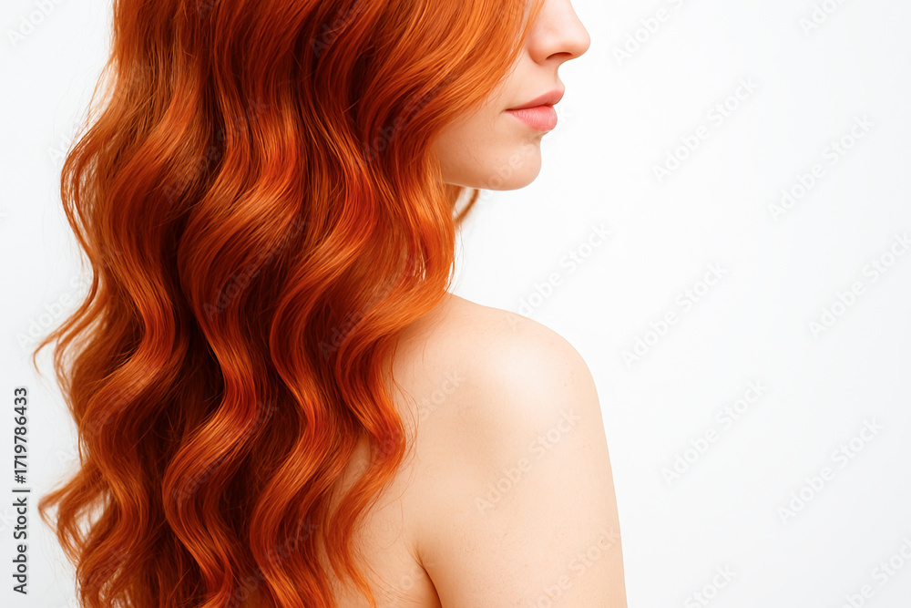 Naklejka premium Vibrant fiery red wavy hair captured in stunning detail. concept of unique hair color, luxurious hair texture, beauty styling inspiration