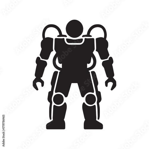 Stark black silhouette of futuristic powered exoskeleton suit robotic silhouette
