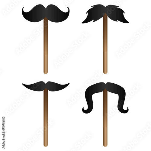 Set of black mustaches on sticks for photo props. Vector illustration
