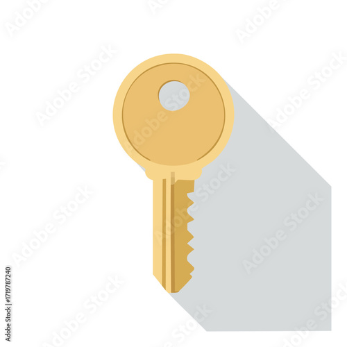 Isolated illustration of a golden key with a long shadow, presented on a clean white background.
