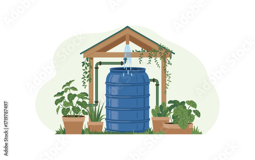 Sustainable Gardening: Rainwater Harvesting System with Blue Barrel, Wooden Frame, and Potted Plants Illustrating Eco-Friendly Practices for a Greener Environment