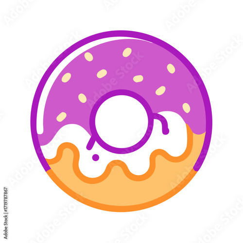 Vector art of delicious donut with purple glaze and white sprinkles, a sweet treat for any time of the day, perfect for a snack