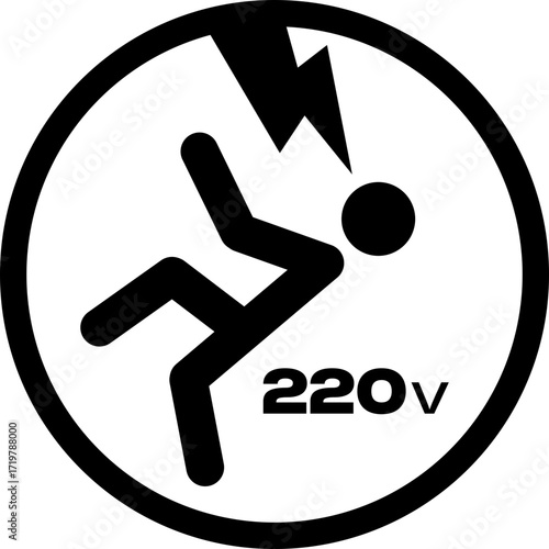 Hazard sign 220V electric shock danger. Minimal black and white warning symbol with human figure and lightning. Vector