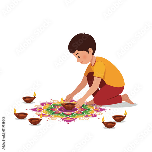 A child carefully kneels to place a glowing Diwali diya on a vibrant rangoli pattern, surrounded by unlit lamps in this cheerful 2D flat vector illustration.