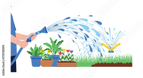 Watering Plants with Hose and Sprinkler: A Vector Illustration of Gardening, Lawn Care, and Plant Nurturing for Homeowners