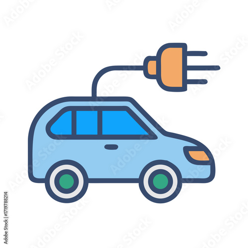 Vector art of electric car charging with plug, eco friendly vehicle and green energy, future of transportation and sustainability