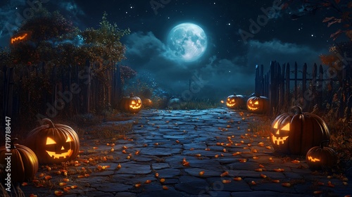 Path Full of Pumpkins Under The Moon Copyspace