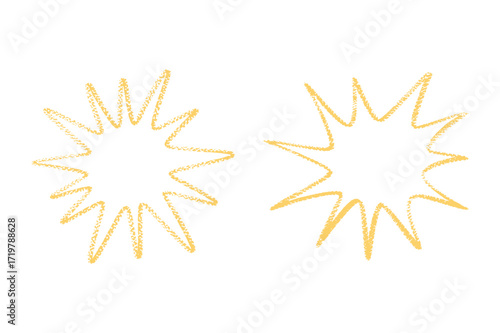 Hand-drawn yellow starburst graphic elements. Playful explosion shapes with a vibrant crayon texture, perfect digital assets for adding emphasis and visual pop to creative design.