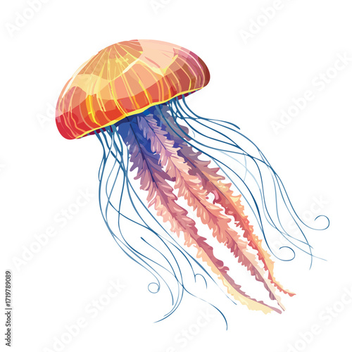 Vibrant illustration of a jellyfish with intricate details and colorful tentacles.