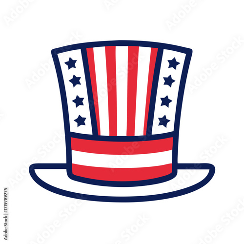Vector art of a festive uncle sam hat with stars and stripes, representing american patriotism, freedom, and national pride a symbol of liberty