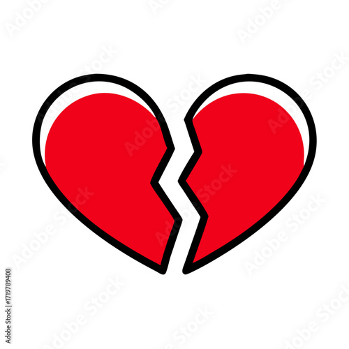 Vector art of a bold red broken heart with a black outline symbol of heartbreak, loss, and the end of a relationship