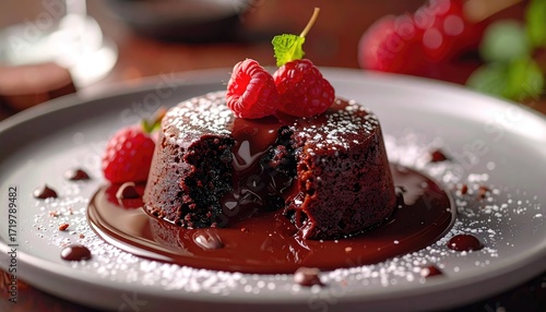 Molten Chocolate Lava Cake with Raspberries and Powdered Sugar