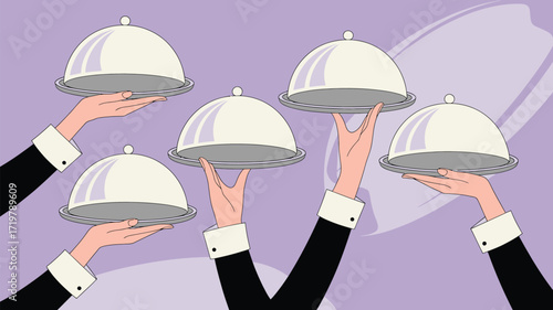Elegant catering concept with multiple trays held aloft by uniformed servers against a stylish lavender backdrop, perfect for restaurant advertisements or event planning promotions