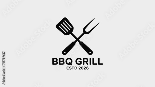 Barbecue grill emblem design for restaurants and events, featuring crossed spatula and fork for a modern, stylish look that evokes outdoor summer cooking fun and delicious food