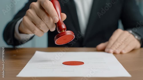 Close up of hand pressing red rubber stamp on official document with wax seal on wooden table symbolizing approval and authorization for certification