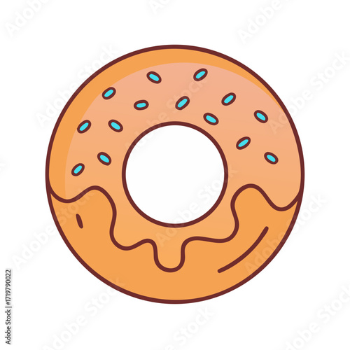 Vector art of delicious donut with orange icing and blue sprinkles, a sweet treat for any time of day, a perfect snack or dessert