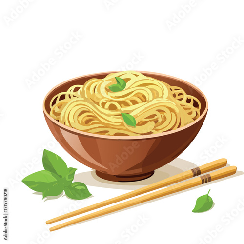 A bowl of cooked noodles, garnished with fresh basil, ready to be eaten with chopsticks.