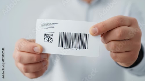 Barcode card close up in hand with QR code and text on white background showing digital technology scanning and identification concept