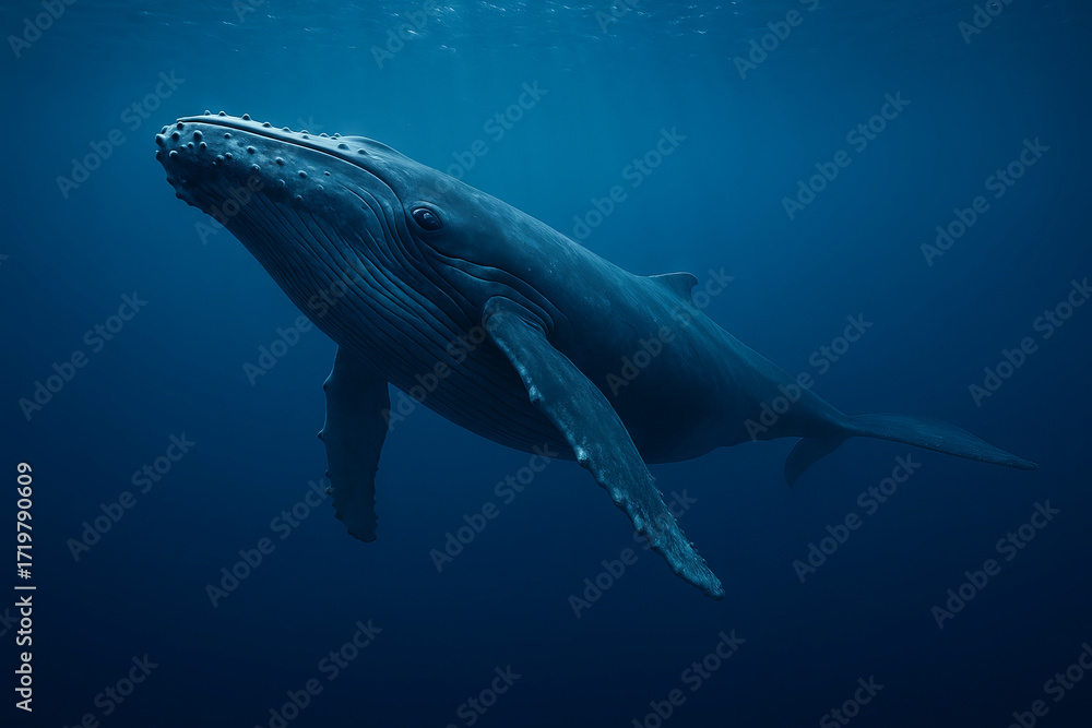 Fototapeta premium Majestic whale gliding underwater in the ocean depths, showcasing graceful movement and tranquility. concept of marine life, ocean exploration, underwater serenity