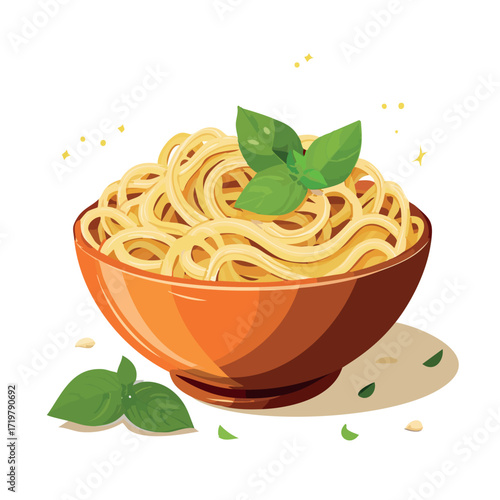 A vibrant illustration of a bowl of cooked spaghetti garnished with fresh basil leaves.