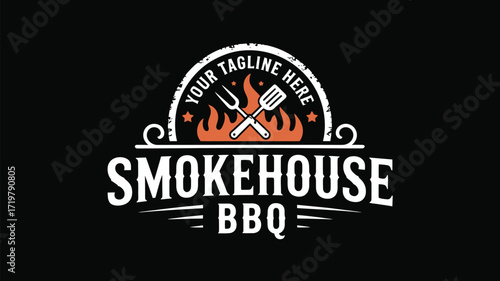 Ignite Your Brand with a Stunning Smokehouse BBQ Logo Design for Restaurants and Food Trucks Featuring Dynamic Flames, Rustic Charm and Premium Quality Elements