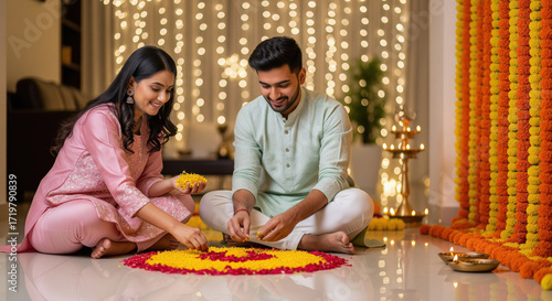 young indian couple celebrating diwali festival at home sitting with decorative rangoli at home