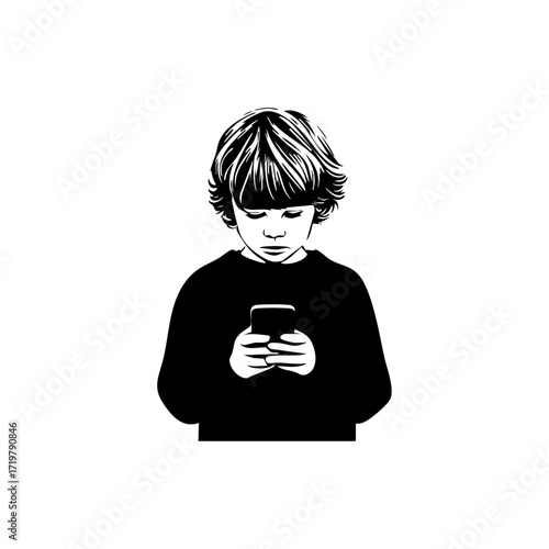 Vector illustration of a child absorbed in a smartphone, reflecting modern childhood, screen addiction, and the challenges of digital parenting in today’s society.
