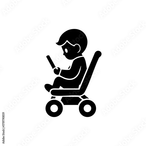 Minimalist vector logo of a child sitting in a stroller while focused on a smartphone, symbolizing early screen exposure and digital parenting concerns.