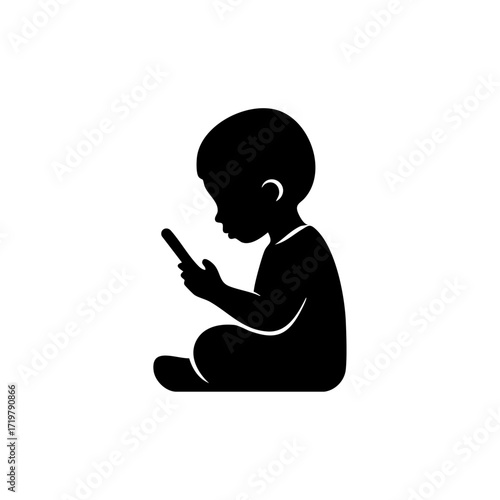 Minimalist silhouette of a child sitting and staring at a smartphone, symbolizing screen addiction and digital childhood.
