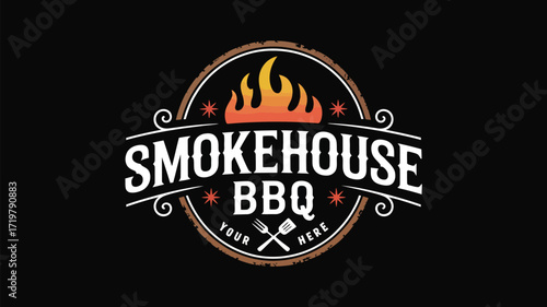 Ignite Your Brand with a Stunning Smokehouse BBQ Logo Design for Restaurants and Food Trucks Featuring Dynamic Flames, Rustic Charm and Premium Quality Elements