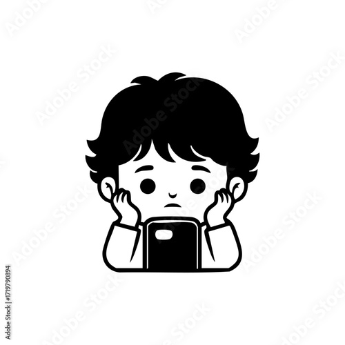 Minimalist illustration of a child resting chin on hands while watching a smartphone, symbolizing boredom, dependence, and unhealthy screen habits.