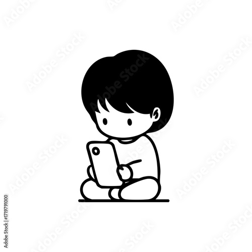 Cute cartoon vector of a small child sitting on the floor with a smartphone, highlighting mobile dependency and kids’ screen habits.