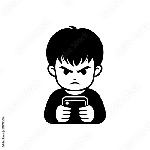 Vector illustration of an angry child holding a smartphone, symbolizing digital frustration, gaming addiction, or online conflict.