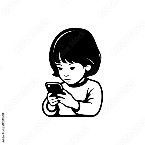 Vector logo of a child staring intently at a smartphone, symbolizing overuse, digital addiction, and mental health concerns.
