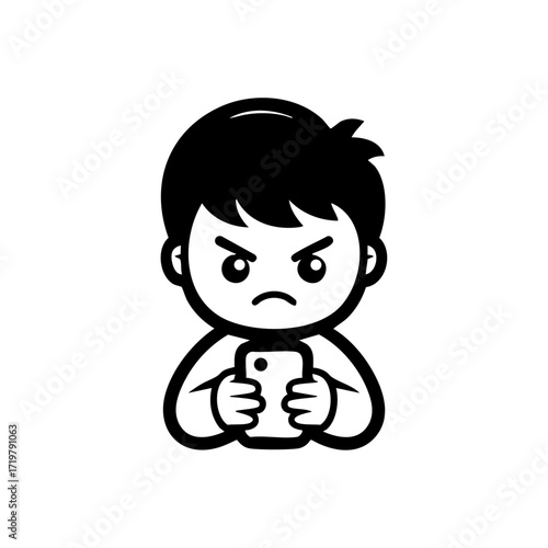 Cartoon style black vector illustration of an angry child holding a smartphone, representing frustration, mobile gaming stress, and screen time issues.
