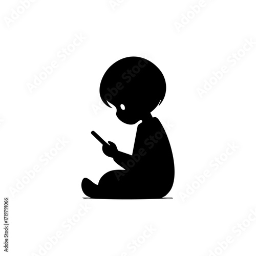 Minimalist child silhouette sitting and holding a smartphone, representing screen time, mobile dependency, and digital habits.
