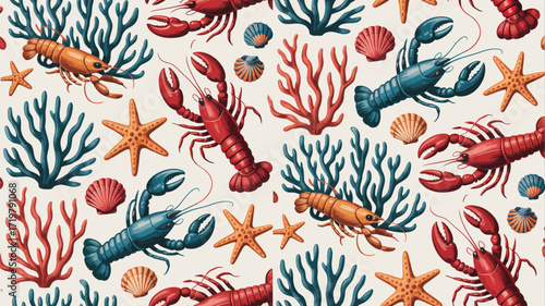 Vibrant ocean life pattern featuring colorful lobsters, starfish, and coral reefs ideal for summer designs, coastal decor, and nautical themes creating a lively underwater adventure