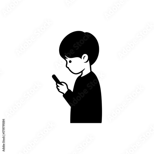 Minimalist black vector silhouette of a child looking down at a smartphone, symbolizing technology use, digital focus, and screen time habits.
