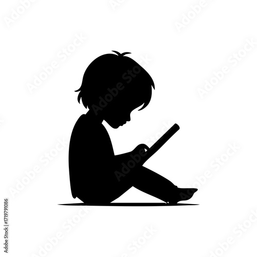 Silhouette of a child sitting cross-legged and absorbed in a smartphone, symbolizing modern childhood screen time.
